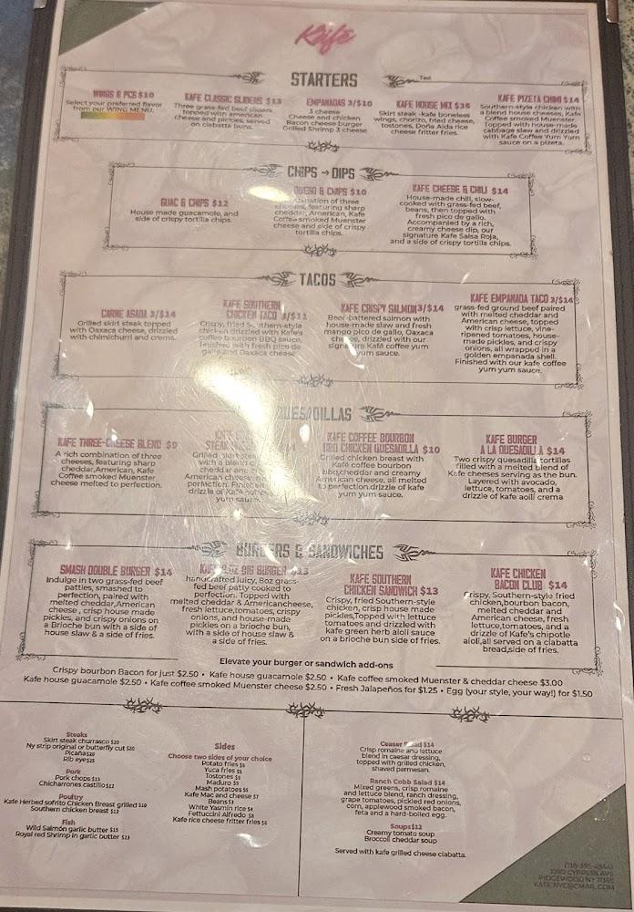 Kafe .Brunch Steaks Burgers Taco Bar Menu image 1